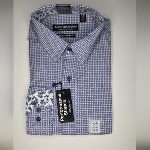 Nick Graham Men's Modern Fit Cotton Stretch Dress Shirt Blue Size L